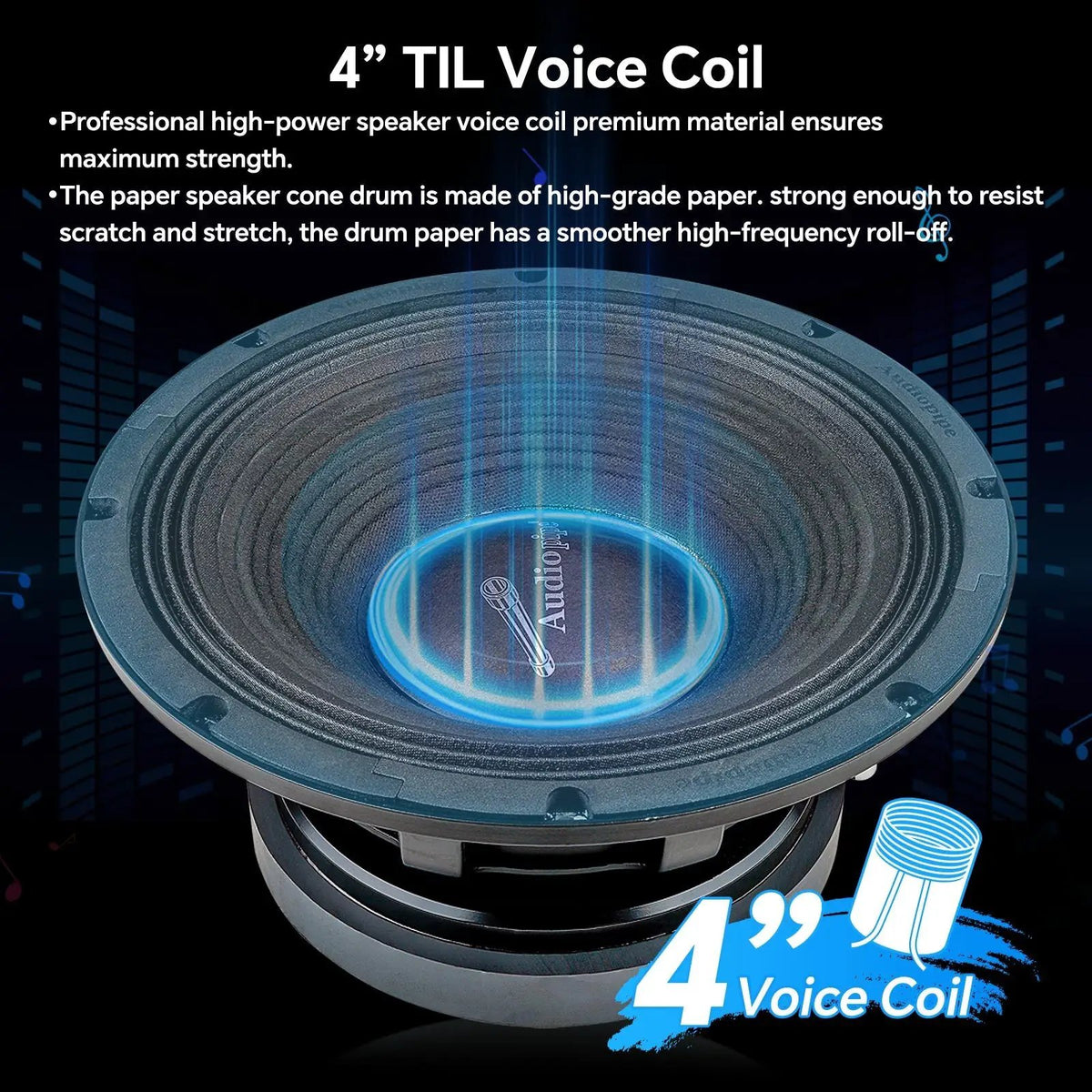 Audiopipe speaker graphic highlighting its 4-inch TIL voice coil and paper cone