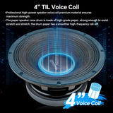 Audiopipe speaker graphic highlighting its 4-inch TIL voice coil and paper cone