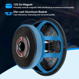 Speaker feature graphic highlighting a 125-ounce magnet and die-cast aluminum basket for reduced resonance