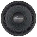 Front of a black Audiopipe speaker with a ribbed cone and large domed center