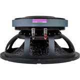 Rear side view of a large black speaker basket, magnet and red-and-black terminals