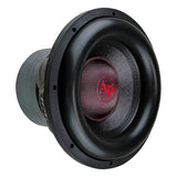 Angled front view of Audiopipe subwoofer with black surround and red center logo