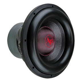 Angled front view of Audiopipe subwoofer with black surround and red center logo