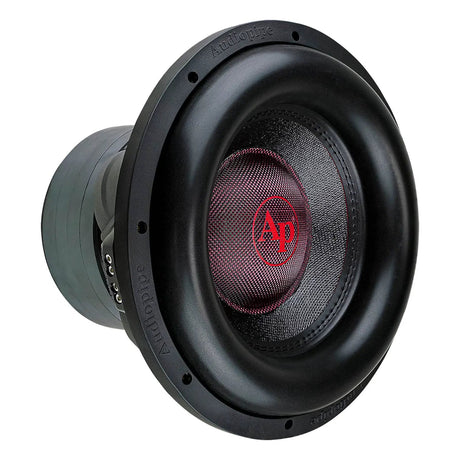 Angled front view of Audiopipe subwoofer with black surround and red center logo