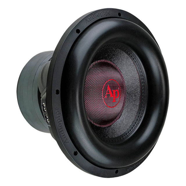 Angled front view of Audiopipe subwoofer with black surround and red center logo