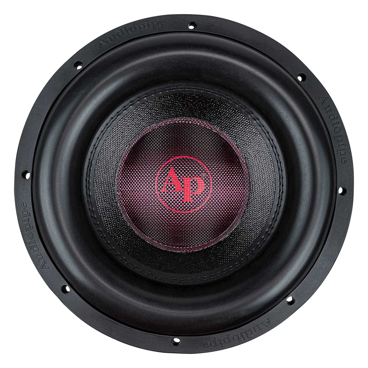Front view of a black subwoofer with a thick surround and red AP logo on its center cap