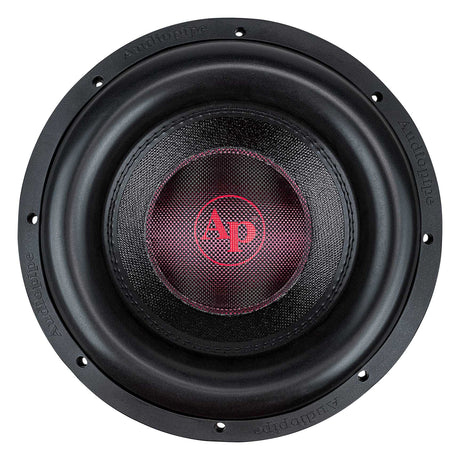 Front view of a black subwoofer with a thick surround and red AP logo on its center cap