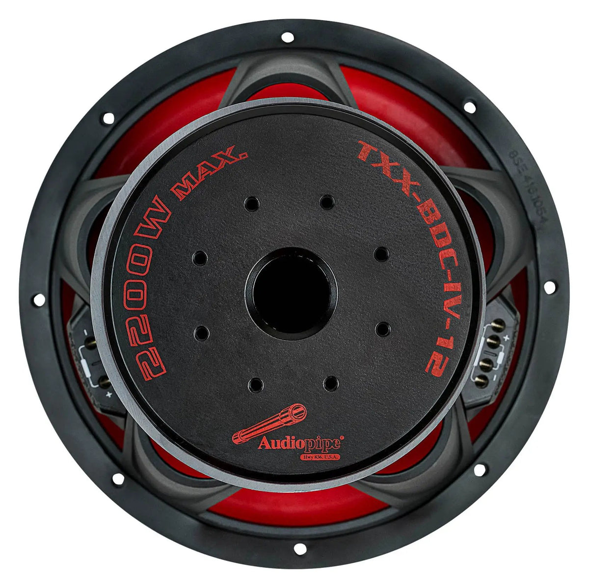 Rear view of an Audiopipe TXX-BDC-IV-12 subwoofer with a central vent and 2200W MAX marking