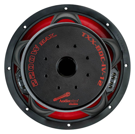 Rear view of an Audiopipe TXX-BDC-IV-12 subwoofer with a central vent and 2200W MAX marking