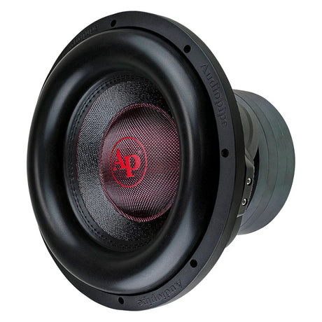 Audiopipe subwoofer with a broad surround and red center logo, angled view