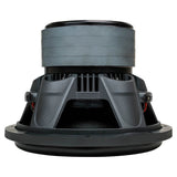 Side view of an inverted black subwoofer showing its deep basket and stacked gray magnet