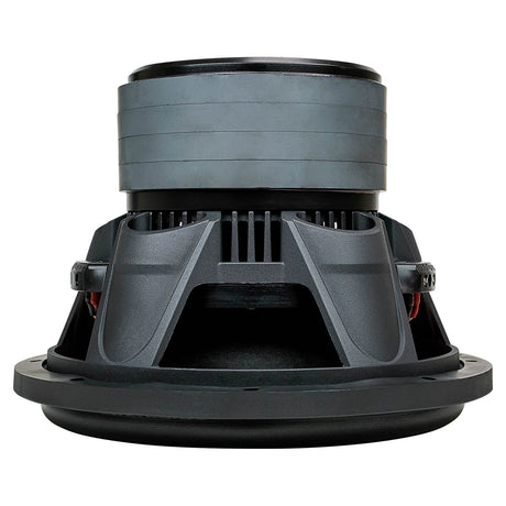 Side view of an inverted black subwoofer showing its deep basket and stacked gray magnet