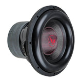 Audiopipe subwoofer at an angle with a black woven cone, red AP logo and broad black surround