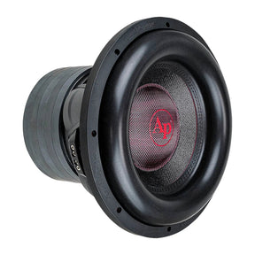 Audiopipe subwoofer at an angle with a black woven cone, red AP logo and broad black surround