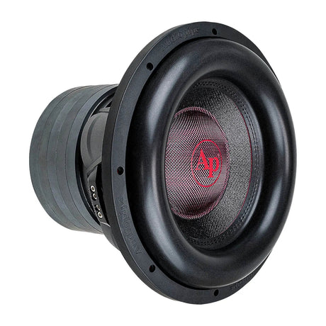Audiopipe subwoofer at an angle with a black woven cone, red AP logo and broad black surround