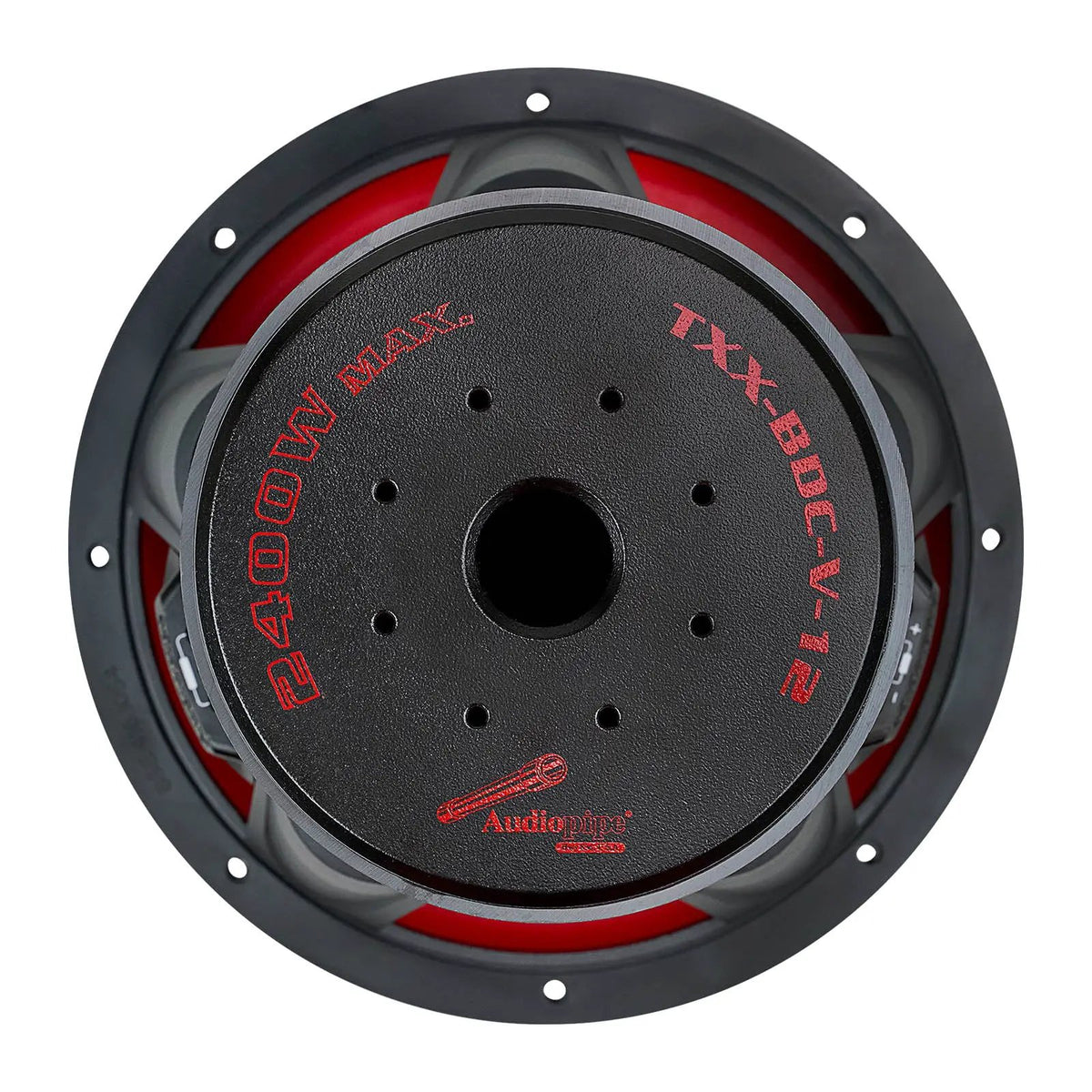 Rear view of an Audiopipe subwoofer showing the TXX-BDC-V-12 magnet label and red suspension