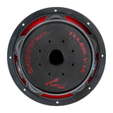 Rear view of an Audiopipe subwoofer showing the TXX-BDC-V-12 magnet label and red suspension