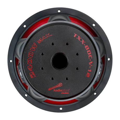 Rear view of an Audiopipe subwoofer showing the TXX-BDC-V-12 magnet label and red suspension