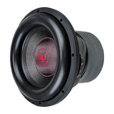 Angled front view of an Audiopipe subwoofer with a red AP logo and thick black surround