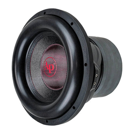 Angled front view of an Audiopipe subwoofer with a red AP logo and thick black surround