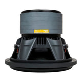 Inverted Audiopipe subwoofer showing five stacked magnets, a black basket and yellow caution label