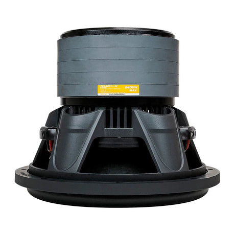 Inverted Audiopipe subwoofer showing five stacked magnets, a black basket and yellow caution label