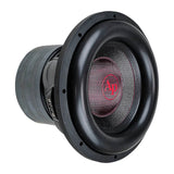 Audiopipe subwoofer at an angle with a black woven cone, red AP logo and broad black surround