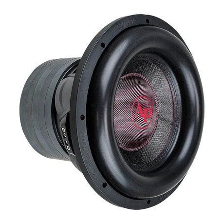 Audiopipe subwoofer at an angle with a black woven cone, red AP logo and broad black surround