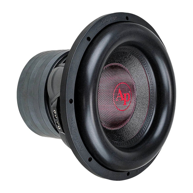 Audiopipe subwoofer at an angle with a black woven cone, red AP logo and broad black surround