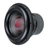 Angled front view of an Audiopipe subwoofer with a red AP logo and thick black surround