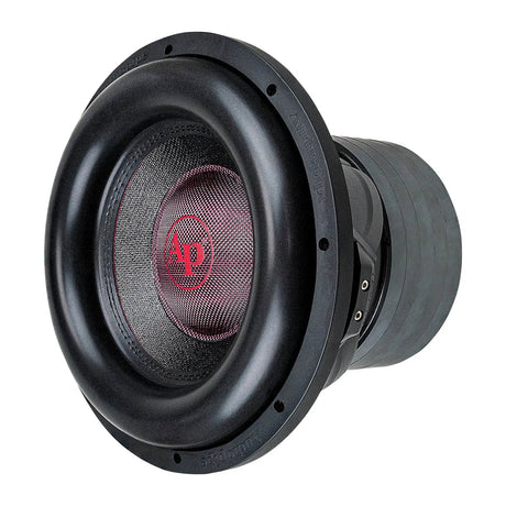Angled front view of an Audiopipe subwoofer with a red AP logo and thick black surround