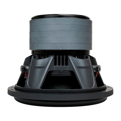 Inverted side view of an Audiopipe subwoofer with a stacked gray magnet, vented black basket and red inner rim