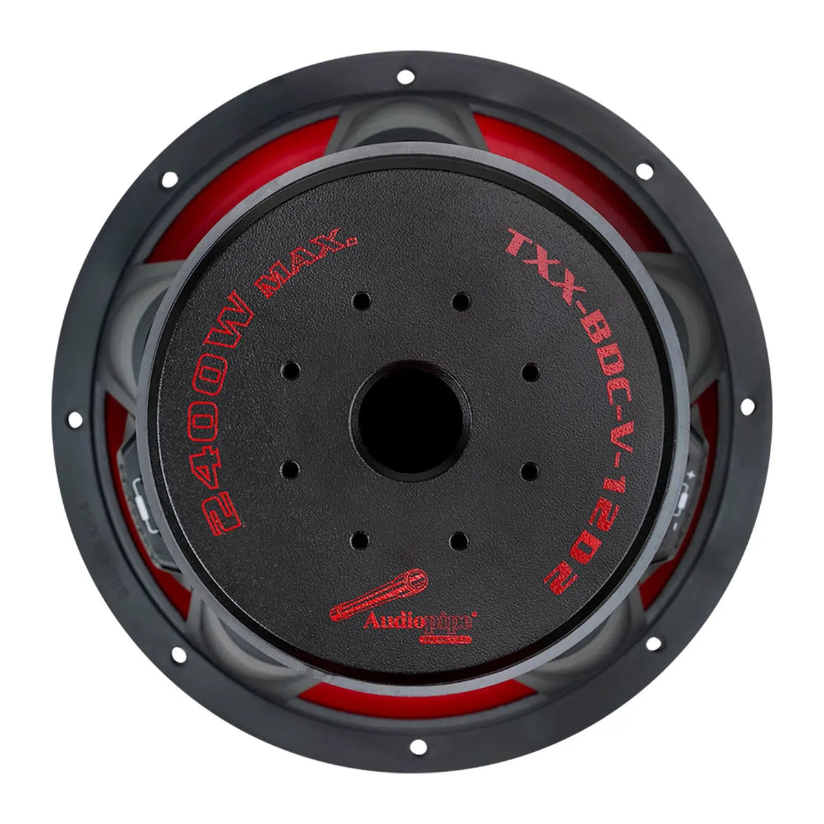 Rear view of an Audiopipe subwoofer with TXX-BDC-V-12D2 and 2400W MAX markings around its central vent
