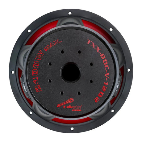 Rear view of an Audiopipe subwoofer with TXX-BDC-V-12D2 and 2400W MAX markings around its central vent
