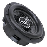 Angled shallow Audiopipe subwoofer with a glossy patterned cone and broad black surround
