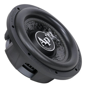 Angled shallow Audiopipe subwoofer with a glossy patterned cone and broad black surround