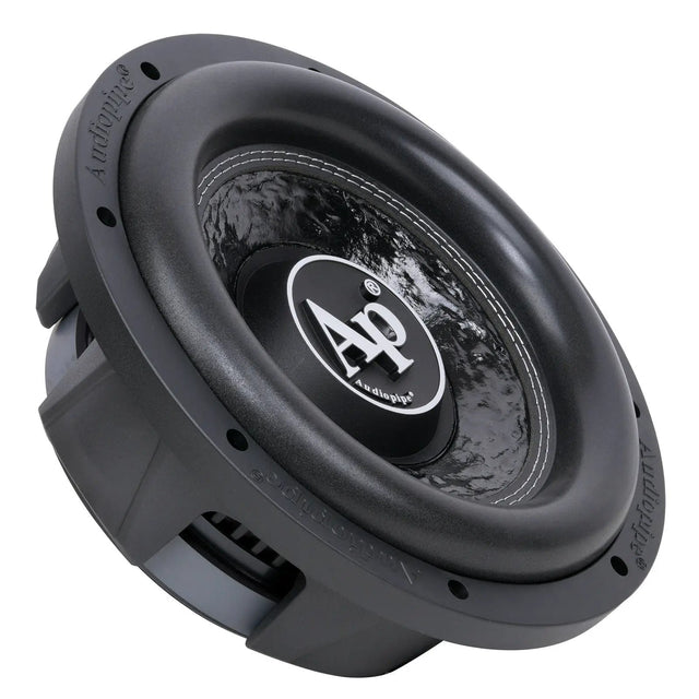 Angled shallow Audiopipe subwoofer with a glossy patterned cone and broad black surround