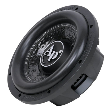 Angled front view of an Audiopipe subwoofer with a textured cone, AP logo and shallow basket