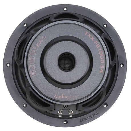 Rear view of an Audiopipe TXX-FB1000-S4 subwoofer with its model-marked magnet and terminal screws