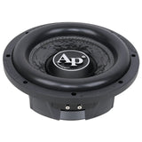Raised front angle of a shallow Audiopipe subwoofer showing its textured cone, AP center logo and terminal block