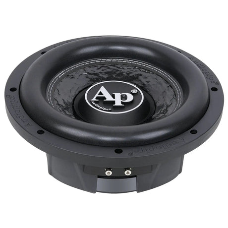 Raised front angle of a shallow Audiopipe subwoofer showing its textured cone, AP center logo and terminal block
