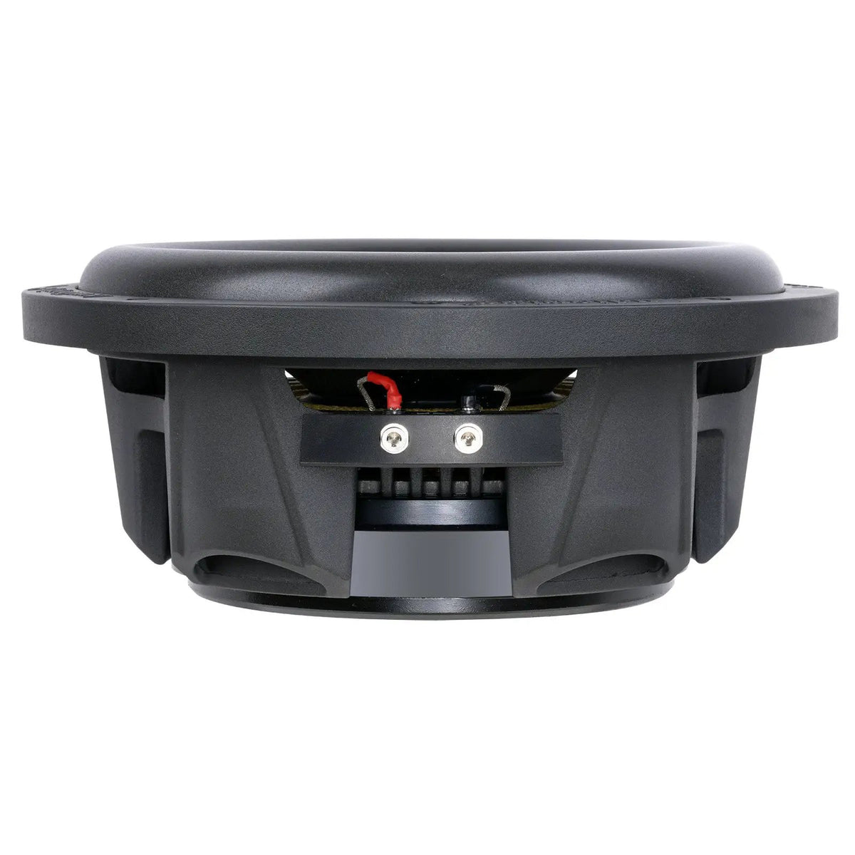 Side profile of a shallow subwoofer showing its basket, magnet housing and two terminal screws