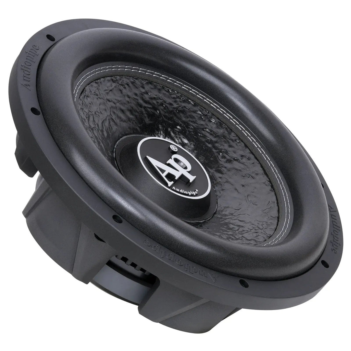 Audiopipe shallow-profile subwoofer with a textured black cone, angled view