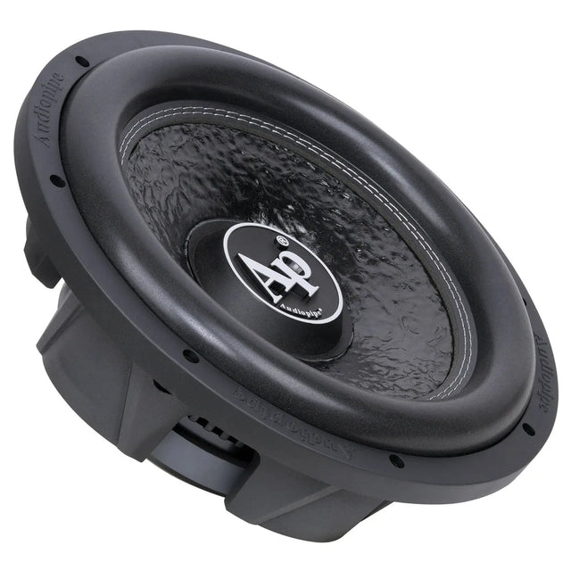 Audiopipe shallow-profile subwoofer with a textured black cone, angled view