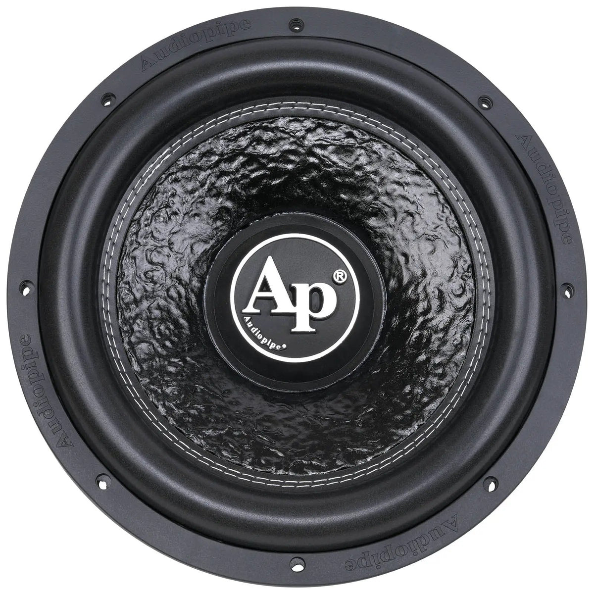 Front view of an Audiopipe subwoofer with a textured cone and round AP logo cap