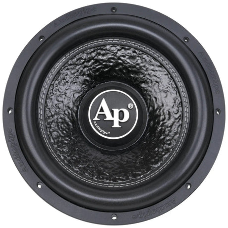 Front view of an Audiopipe subwoofer with a textured cone and round AP logo cap