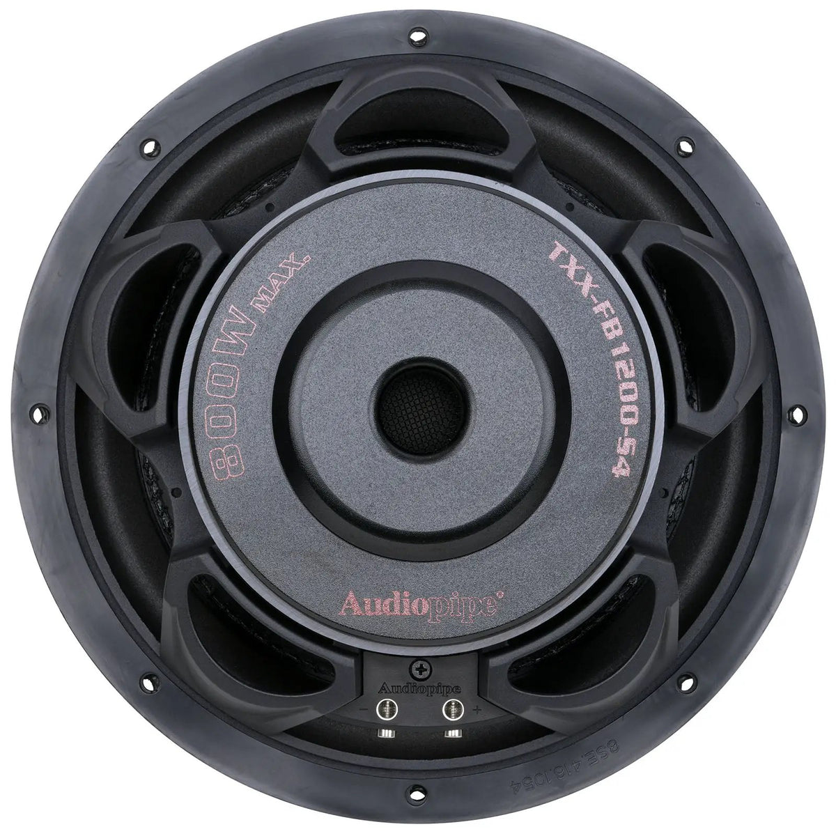 Rear of Audiopipe TXX-FB1200-S4 subwoofer showing its vented magnet and label