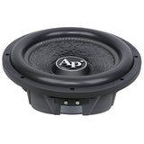 Audiopipe shallow-profile subwoofer with a textured black cone and front terminals, low angled view