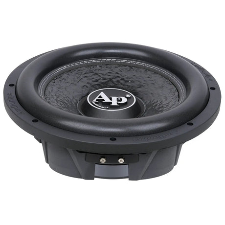 Audiopipe shallow-profile subwoofer with a textured black cone and front terminals, low angled view