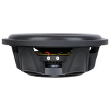 Side profile of a shallow subwoofer showing its basket, magnet housing and two terminal screws